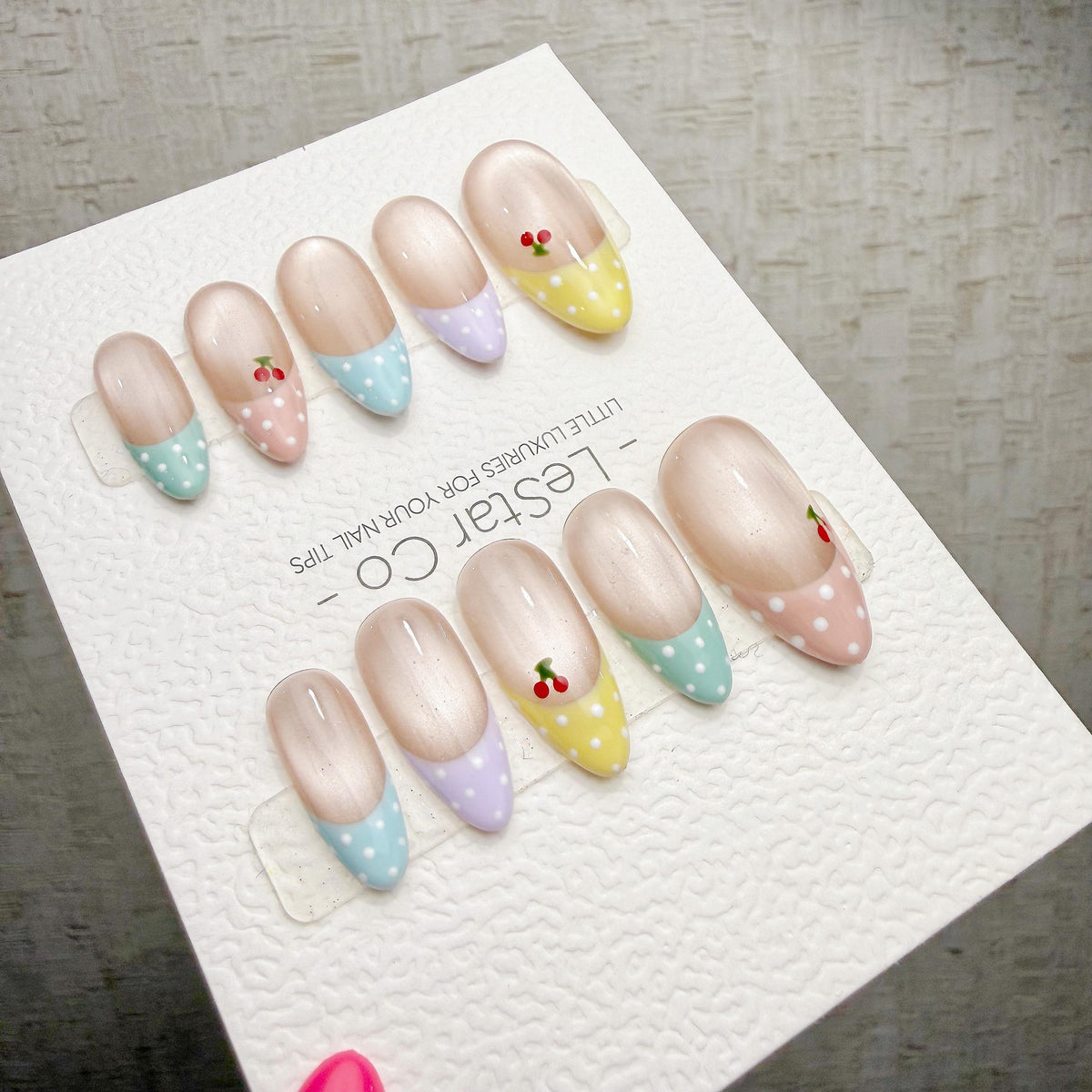4 for 3 timed offer Cherry Confetti Press On Nails, Pastel Pink and Mint French Tips, Cherries and Polka Dots, Almond