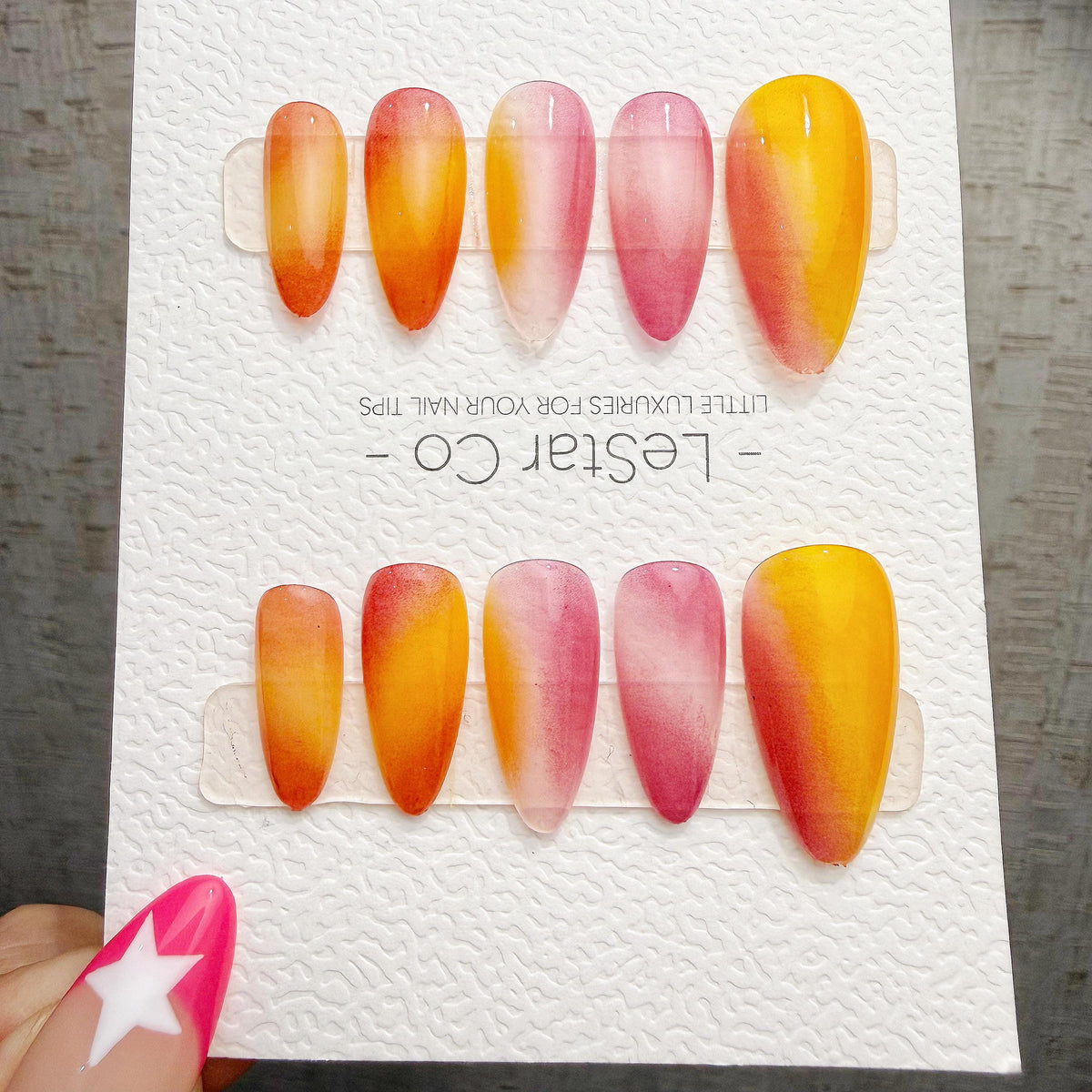 4 for 3 timed offer Citrus Reverie Press On Nails, Orange Yellow and Pink Watercolor Ombre, Almond