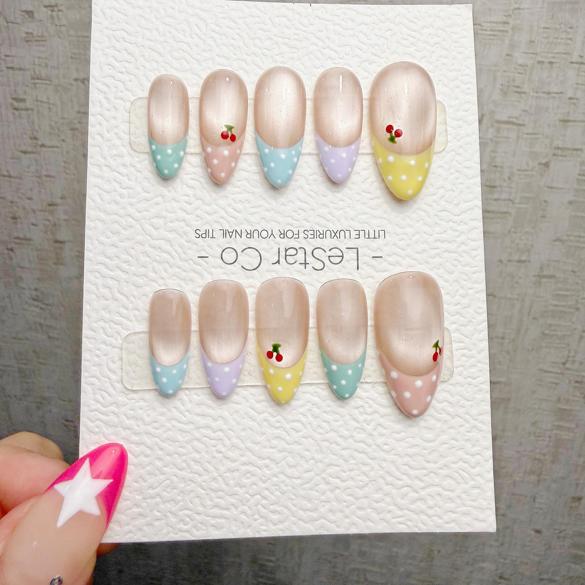 4 for 3 timed offer Cherry Confetti Press On Nails, Pastel Pink and Mint French Tips, Cherries and Polka Dots, Almond