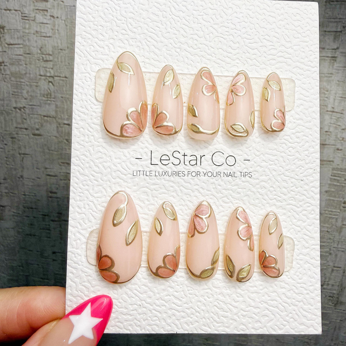 4 for 3 timed offer Gilded Petal Waltz Press On Nails, Pink Flowers and Gold Chrome Leaves, Nude Almond