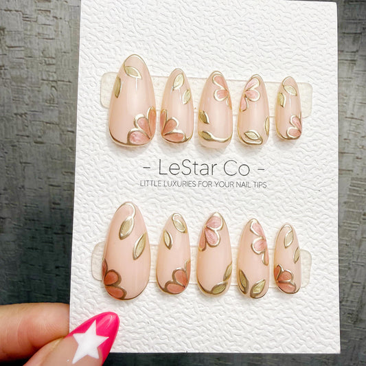 4 for 3 timed offer Gilded Petal Waltz Press On Nails, Pink Flowers and Gold Chrome Leaves, Nude Almond