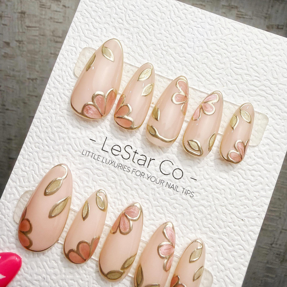 4 for 3 timed offer Gilded Petal Waltz Press On Nails, Pink Flowers and Gold Chrome Leaves, Nude Almond