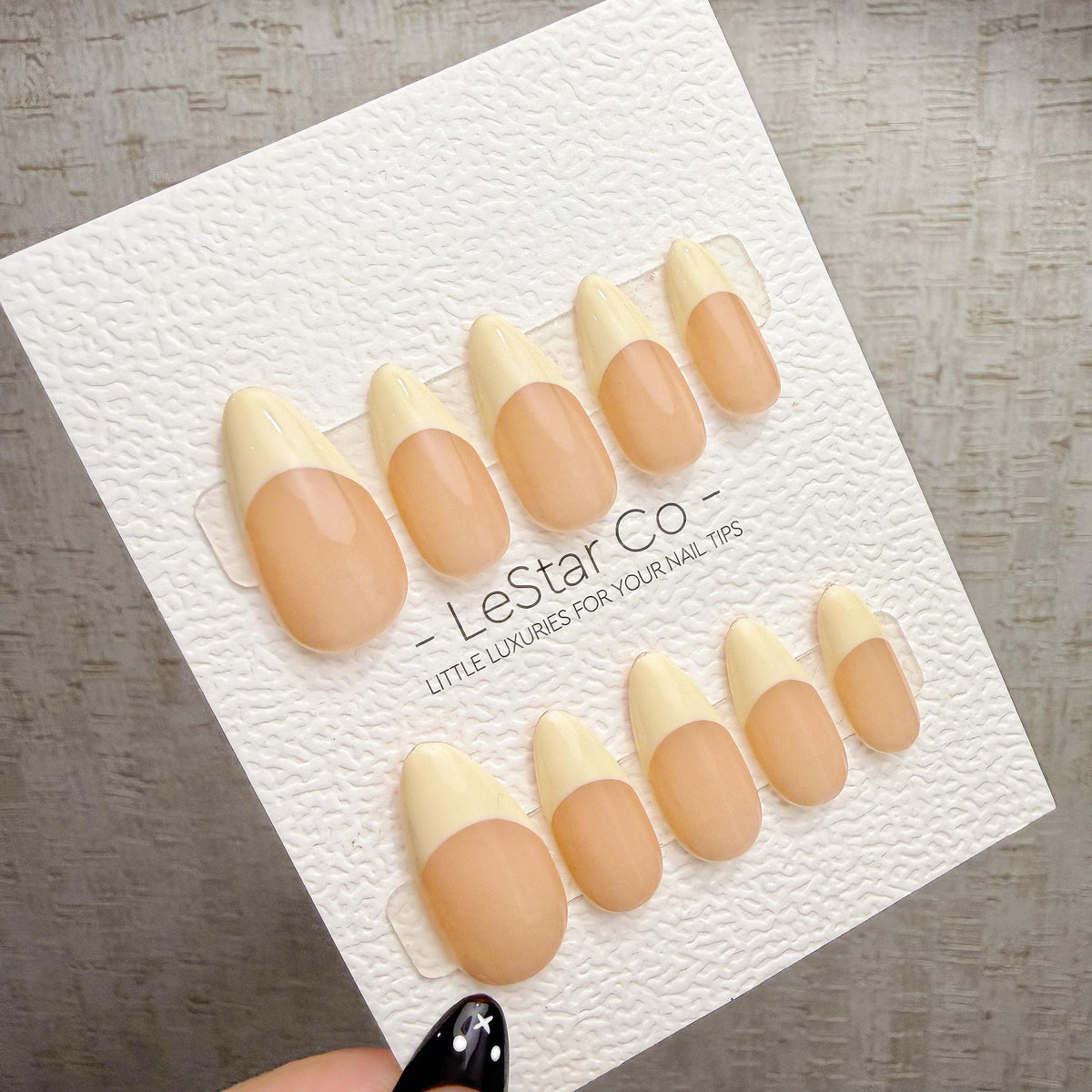 4 for 3 timed offer Buttercream Muse Press On Nails, Pale Yellow French Tips, Peach Nude Base, Glossy Almond