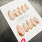 4 for 3 timed offer Gilded Petal Waltz Press On Nails, Pink Flowers and Gold Chrome Leaves, Nude Almond