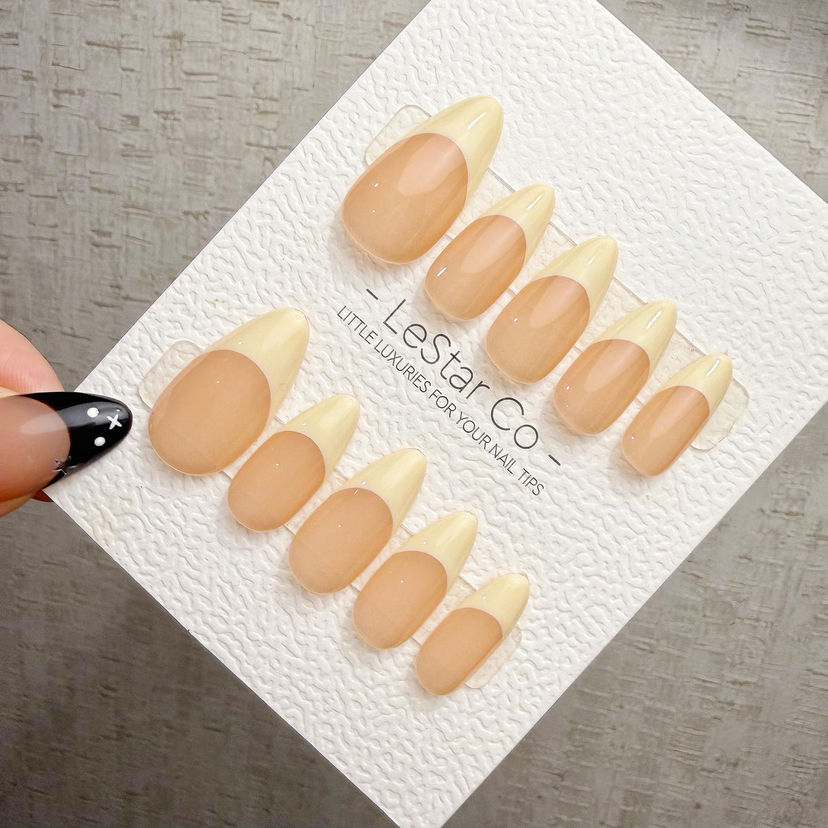 4 for 3 timed offer Buttercream Muse Press On Nails, Pale Yellow French Tips, Peach Nude Base, Glossy Almond