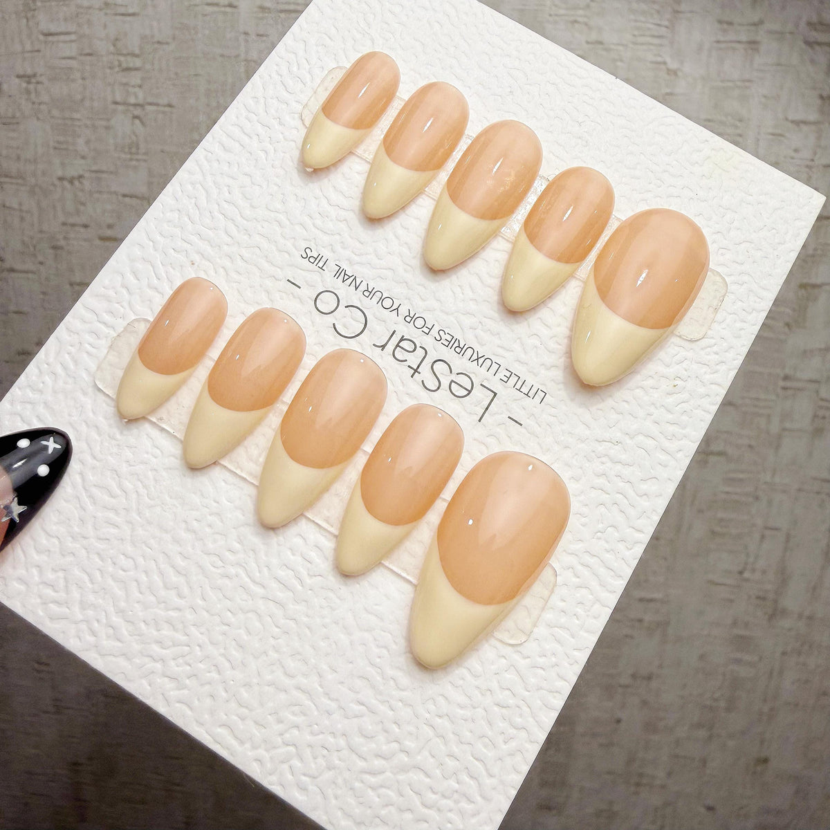 4 for 3 timed offer Buttercream Muse Press On Nails, Pale Yellow French Tips, Peach Nude Base, Glossy Almond