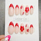 4 for 3 timed offer Crimson Polka Bloom Press On Nails, Red French Tips and Polka Dots, 3D Flowers, Nude Almond