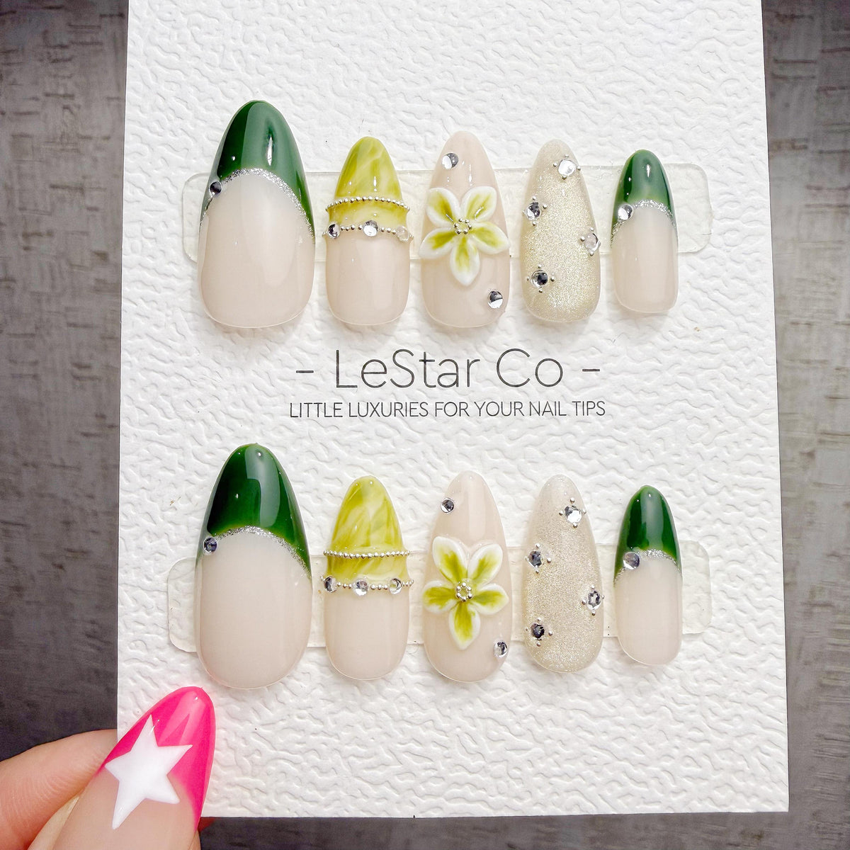 4 for 3 timed offer Olive Blossom Gleam Press On Nails, Green French Tips and Olive Cat Eye, Flower and Glitter, Almond