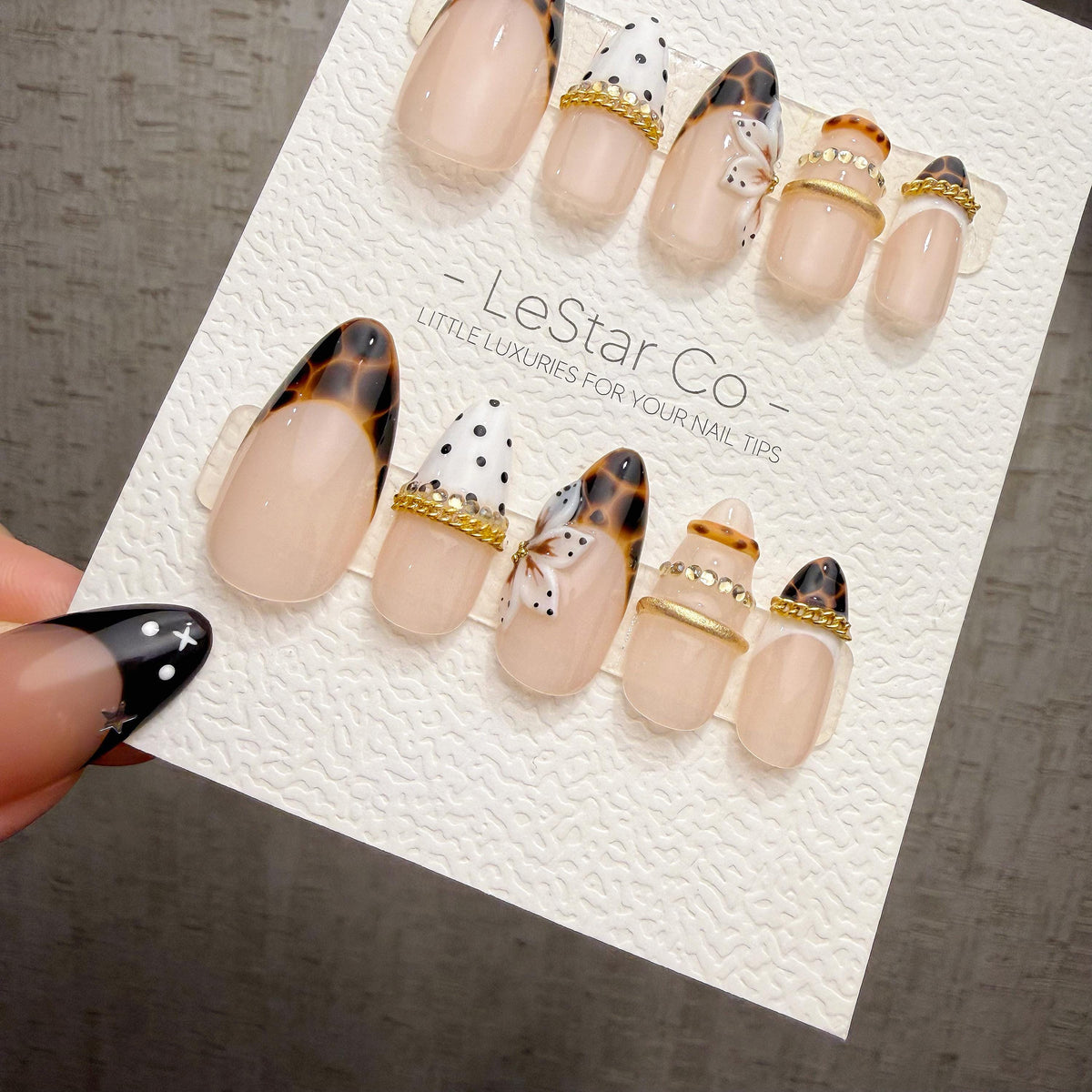 4 for 3 timed offer Tortoise Butterfly Bijou Press On Nails, Tortoiseshell French Tips, Butterfly and Gold Accents