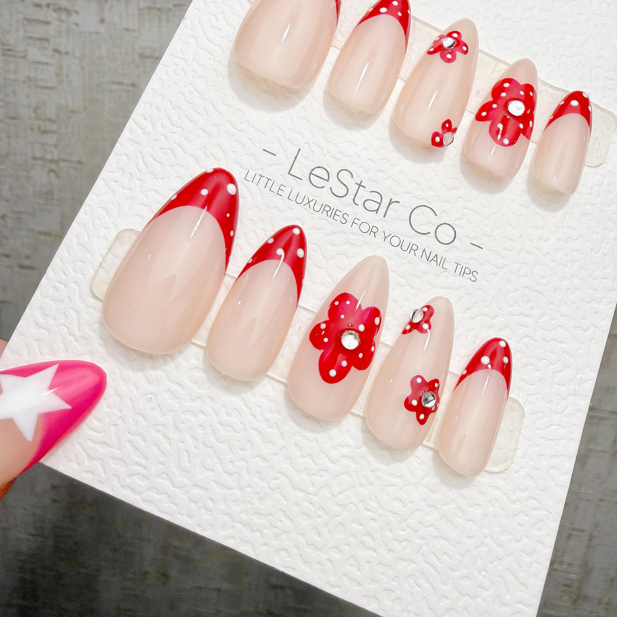 4 for 3 timed offer Crimson Polka Bloom Press On Nails, Red French Tips and Polka Dots, 3D Flowers, Nude Almond