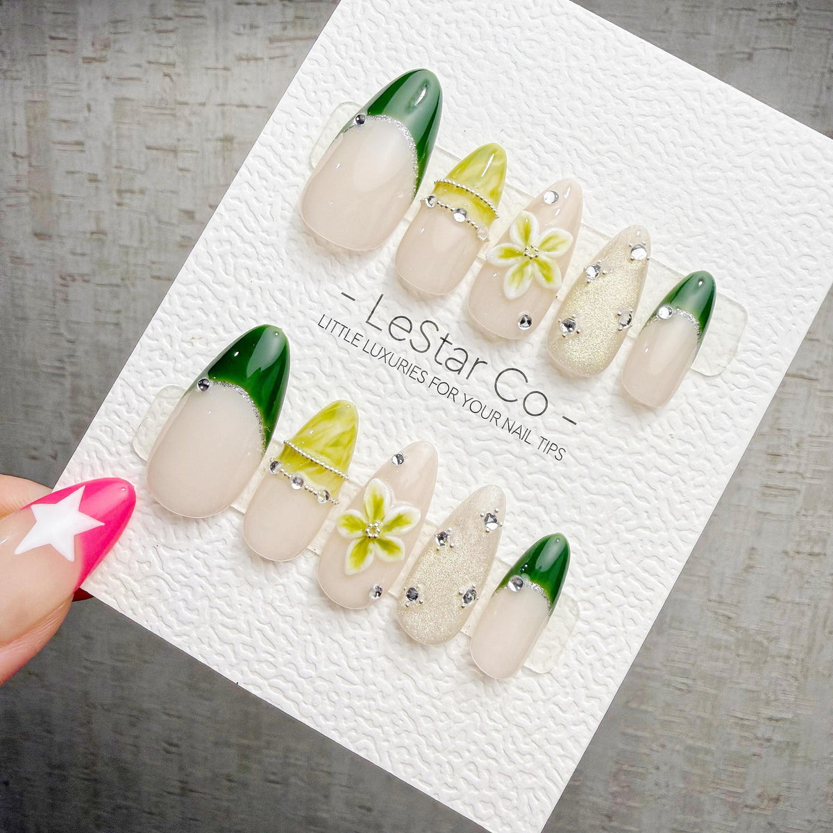 4 for 3 timed offer Olive Blossom Gleam Press On Nails, Green French Tips and Olive Cat Eye, Flower and Glitter, Almond