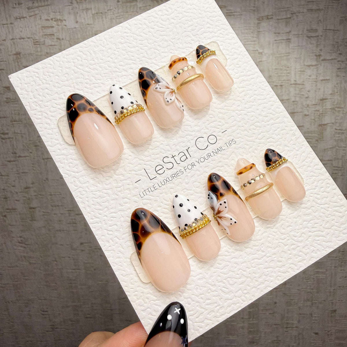 4 for 3 timed offer Tortoise Butterfly Bijou Press On Nails, Tortoiseshell French Tips, Butterfly and Gold Accents