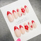 4 for 3 timed offer Crimson Polka Bloom Press On Nails, Red French Tips and Polka Dots, 3D Flowers, Nude Almond
