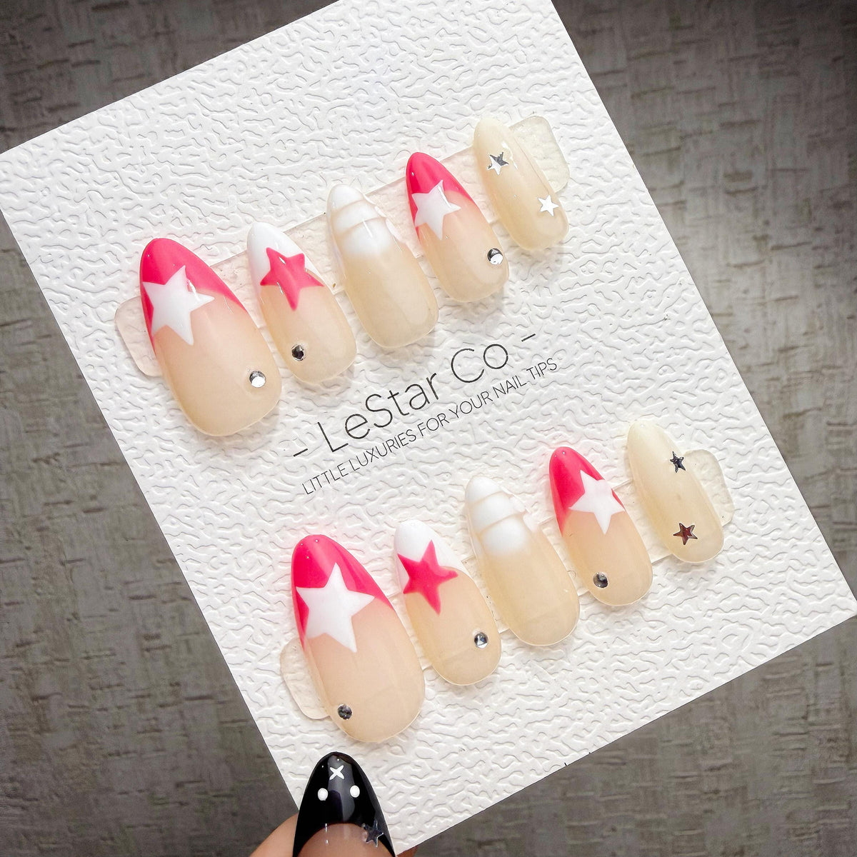4 for 3 timed offer Pink Stardust Pop Press On Nails, Hot Pink and White French Tips, Stars and Rhinestones, Almond