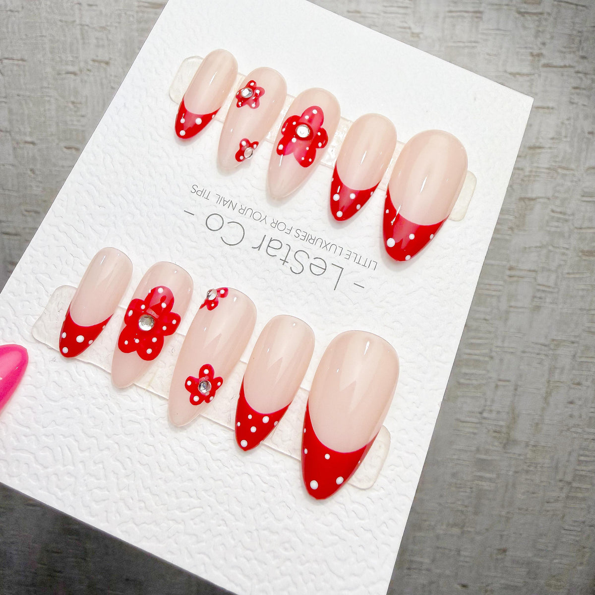 4 for 3 timed offer Crimson Polka Bloom Press On Nails, Red French Tips and Polka Dots, 3D Flowers, Nude Almond