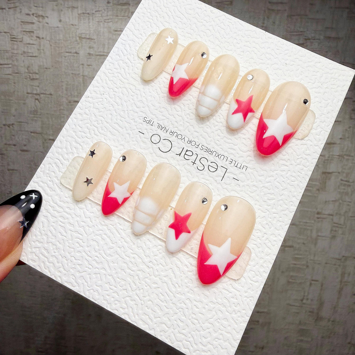 4 for 3 timed offer Pink Stardust Pop Press On Nails, Hot Pink and White French Tips, Stars and Rhinestones, Almond