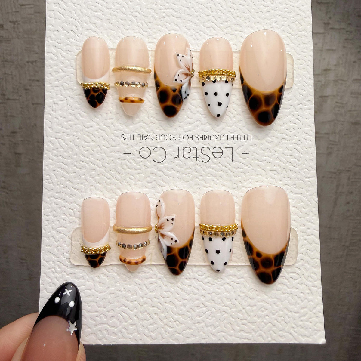 4 for 3 timed offer Tortoise Butterfly Bijou Press On Nails, Tortoiseshell French Tips, Butterfly and Gold Accents