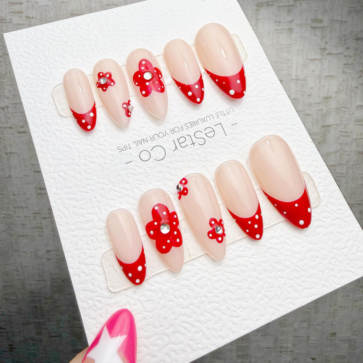 4 for 3 timed offer Crimson Polka Bloom Press On Nails, Red French Tips and Polka Dots, 3D Flowers, Nude Almond