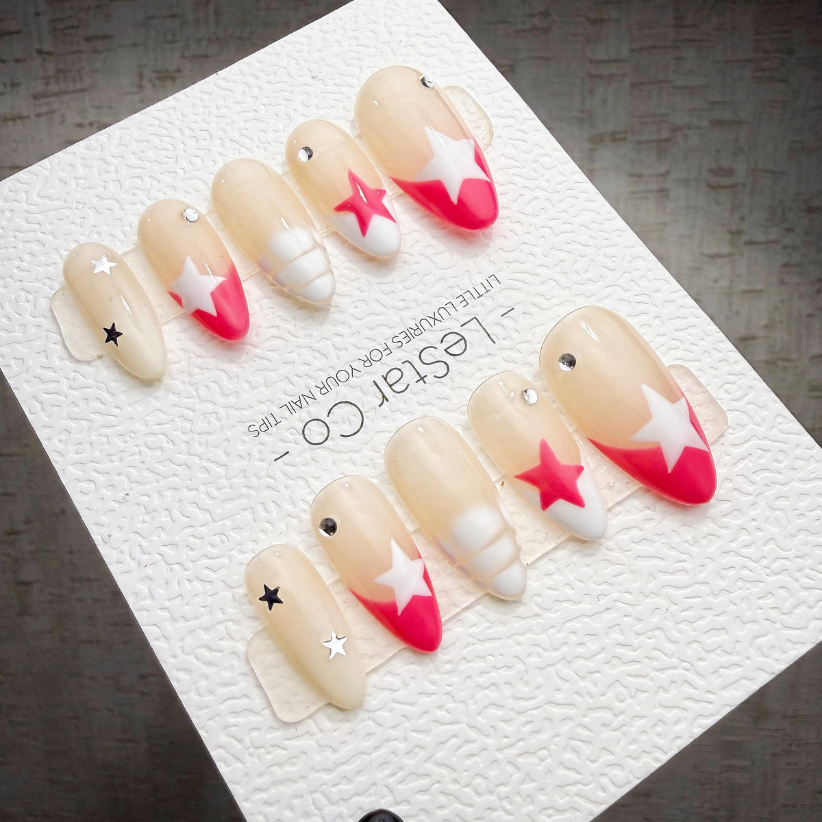 4 for 3 timed offer Pink Stardust Pop Press On Nails, Hot Pink and White French Tips, Stars and Rhinestones, Almond