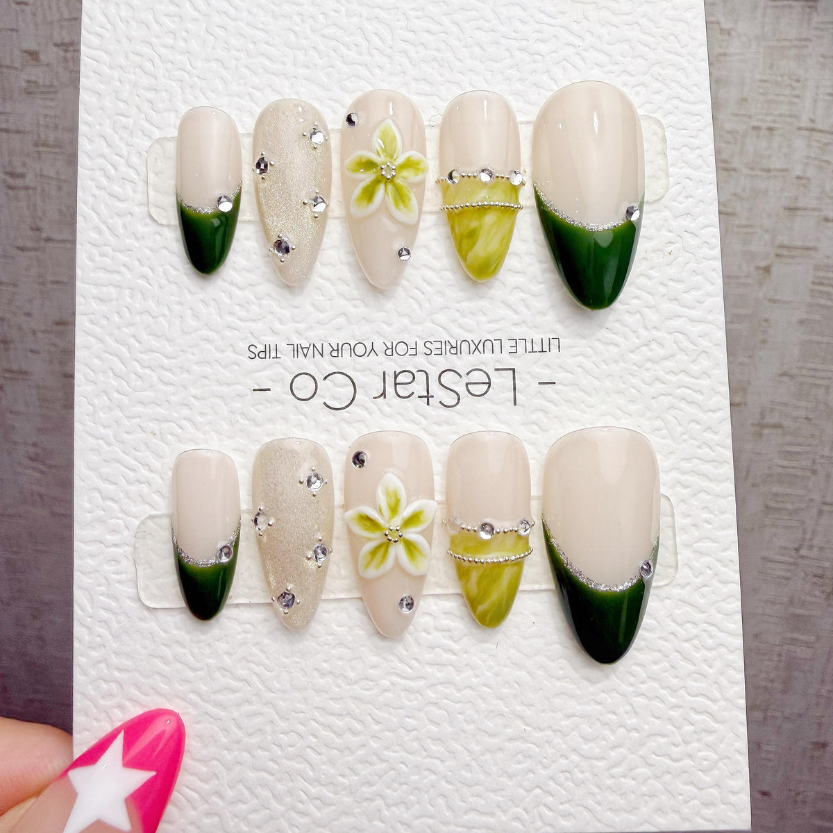 4 for 3 timed offer Olive Blossom Gleam Press On Nails, Green French Tips and Olive Cat Eye, Flower and Glitter, Almond