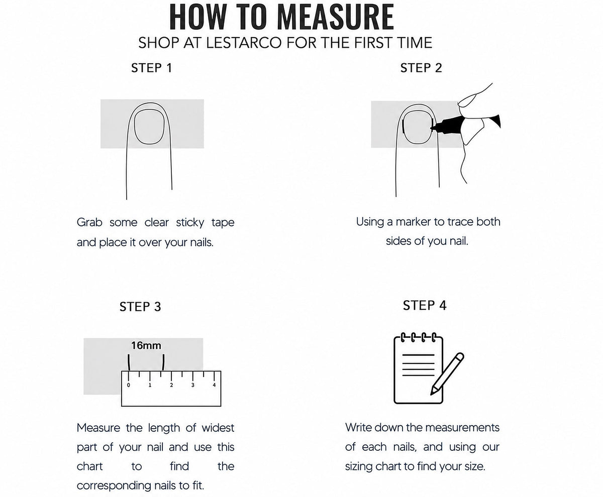 The image is a step-by-step guide on how to measure your nails using a chart and a ruler. It provides instructions on how to measure the width of the nails and use the chart to find the corresponding nails to fit.