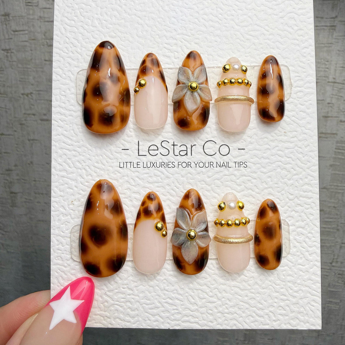 4 for 3 timed offer Amber Petal Reverie Press On Nails, Tortoiseshell and Nude Almond, 3D Flower and Gold Accents