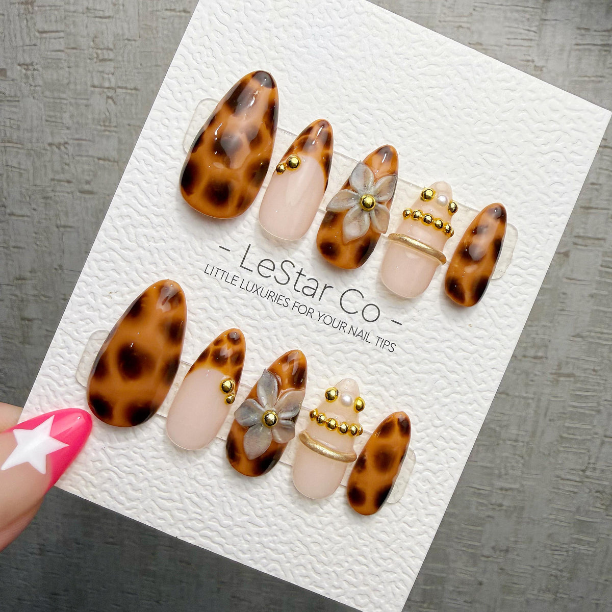 4 for 3 timed offer Amber Petal Reverie Press On Nails, Tortoiseshell and Nude Almond, 3D Flower and Gold Accents