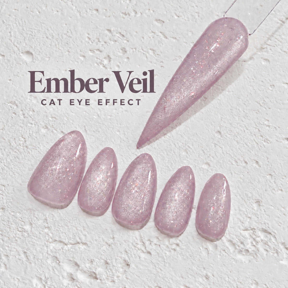 a collection of glittery nail polish bottles with a text overlay that reads "Ember Veil CAT EYE EFFECT".