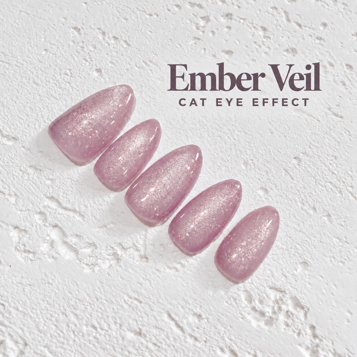 a collection of pink glittery nail polish bottles arranged in a row, with the text "Ember Veil CAT EYE EFFECT" displayed above them.