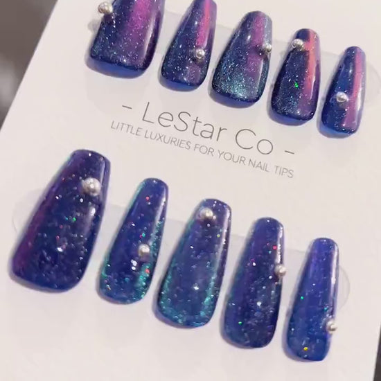 Reusable Green Purple Polar lights | Nails Premium Short Press on Nails Gel Manicure | Fake Nails | Handmade | Lestarco faux nails TMR360