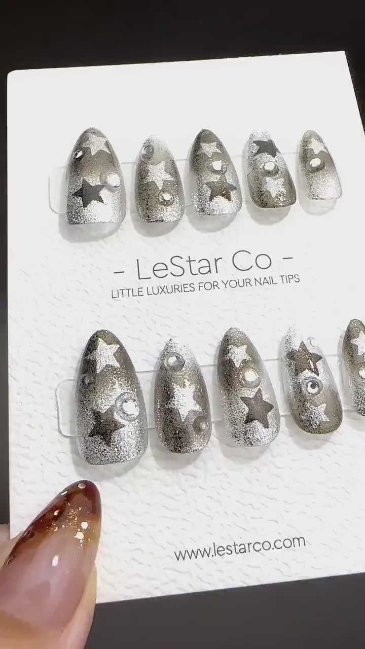 Reusable Galactic Allure Black Stars | Premium Press on Nails Gel | Fake Nails | Cute Fun Colorful Gel Nail Artist faux nails QN461
