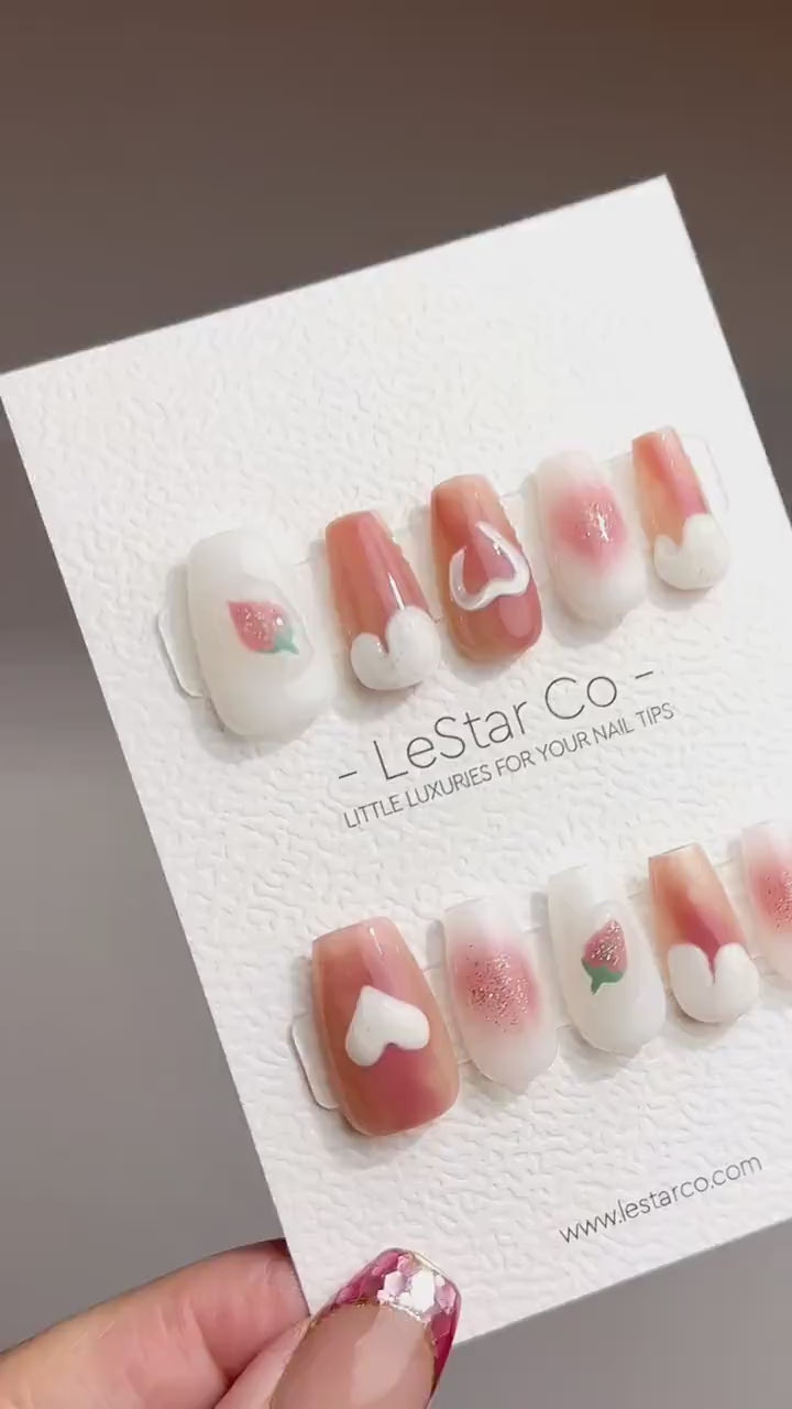 Reusable I love strawberry | Premium Press on Nails Gel | Fake Nails | Cute Fun Colorful Gel Nail Artist faux nails QN452