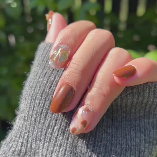Reusable Chocolate Brown Rhinestone Premium Short Press on Nails Gel | Fake Nails | Hand painted faux nails XWZ136 Lestarco
