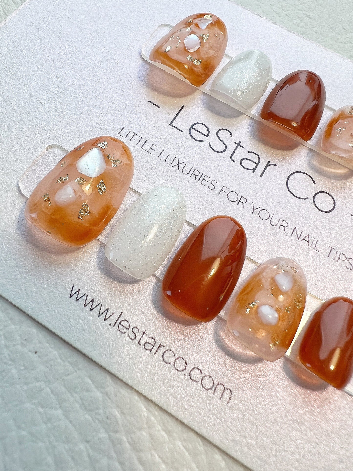 Reusable Shimmery White Orange  Press on Nails Gel Manicure | Fake Nails | Handmade | Lestarco faux nails XWZ106