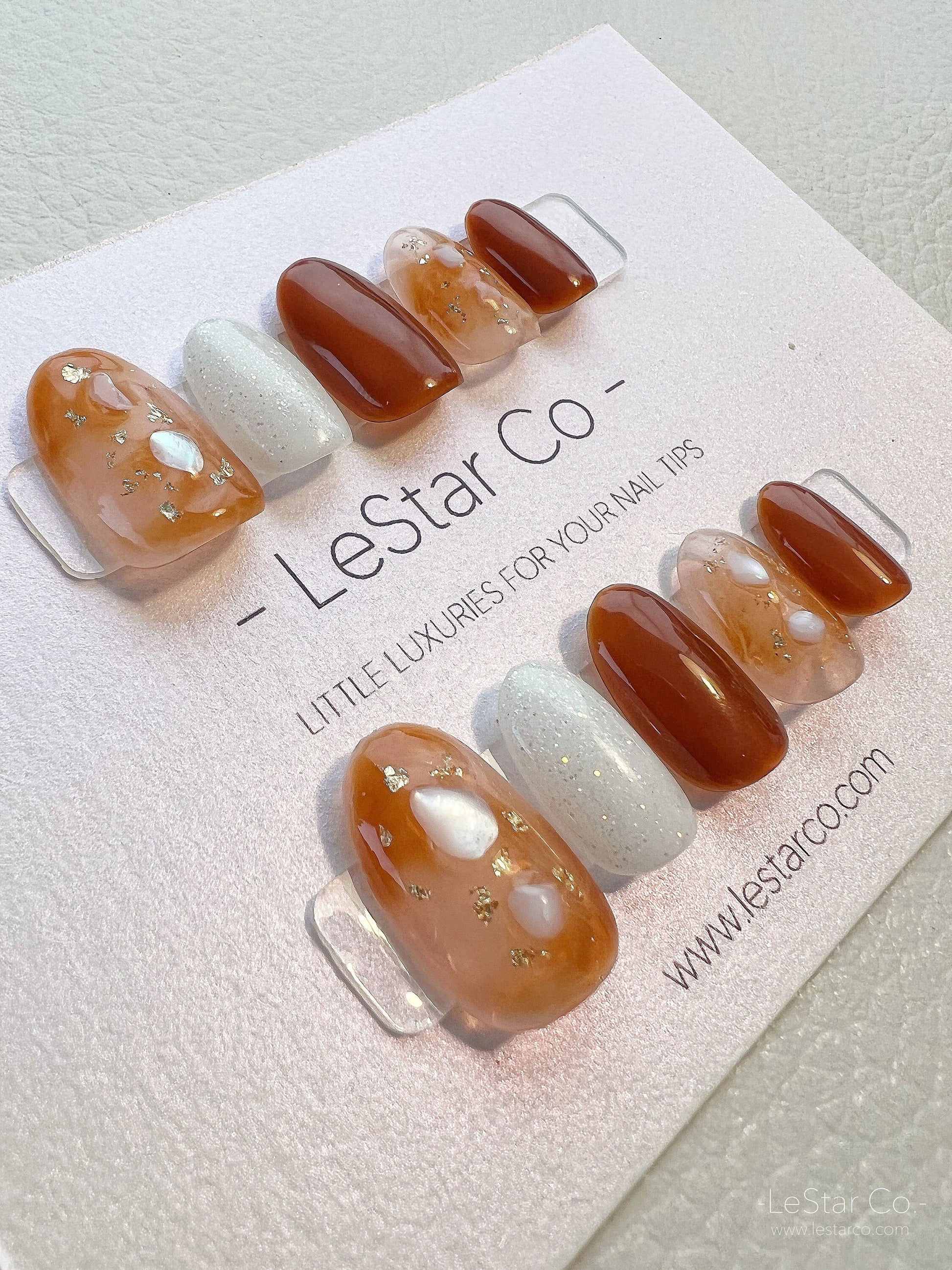 Reusable Shimmery White Orange  Press on Nails Gel Manicure | Fake Nails | Handmade | Lestarco faux nails XWZ106