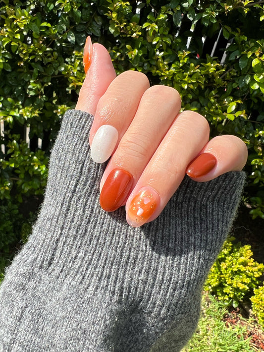 Reusable Shimmery White Orange  Press on Nails Gel Manicure | Fake Nails | Handmade | Lestarco faux nails XWZ106