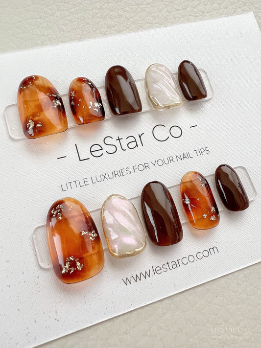 Reusable Amber Nails Premium Short Press on Nails Gel Manicure | Fake Nails | Handmade | Lestarco faux nails XWZ115