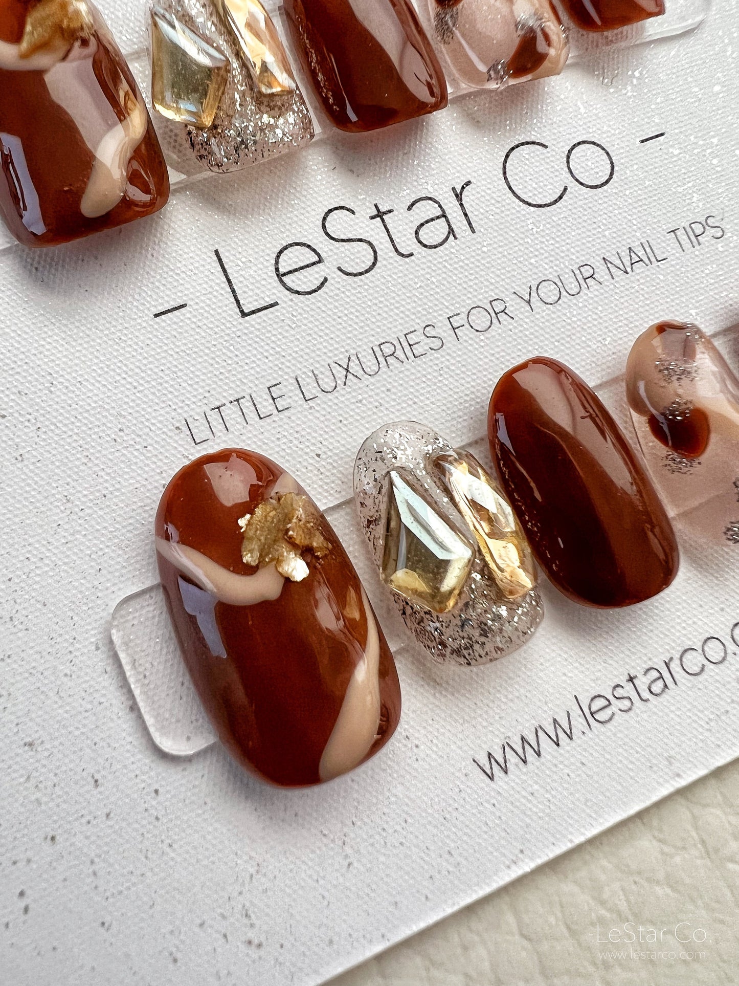 Reusable Chocolate Brown Rhinestone Premium Short Press on Nails Gel | Fake Nails | Hand painted faux nails XWZ136 Lestarco