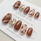 Reusable Chocolate Brown Rhinestone Premium Short Press on Nails Gel | Fake Nails | Hand painted faux nails XWZ136 Lestarco
