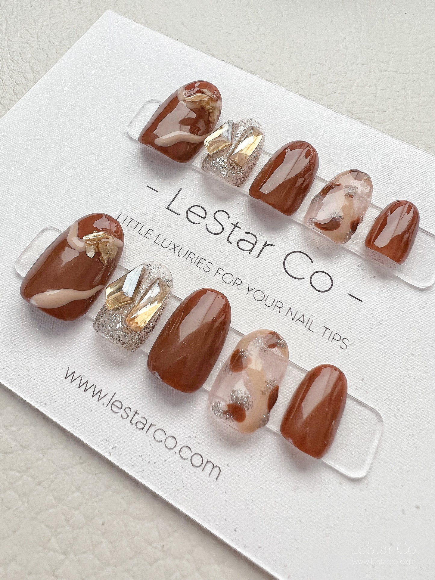 Reusable Chocolate Brown Rhinestone Premium Short Press on Nails Gel | Fake Nails | Hand painted faux nails XWZ136 Lestarco