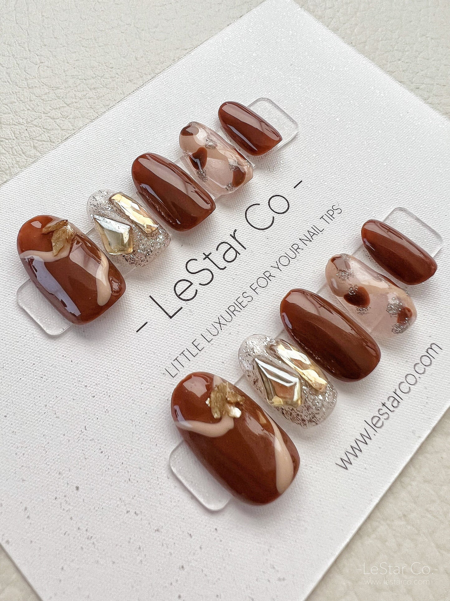 Reusable Chocolate Brown Rhinestone Premium Short Press on Nails Gel | Fake Nails | Hand painted faux nails XWZ136 Lestarco