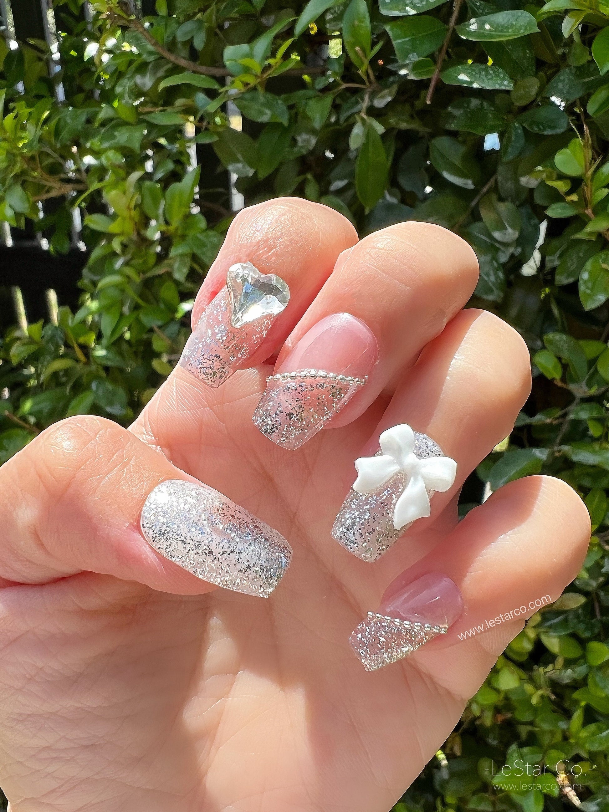 Reusable Silver Glitter French Tip | Premium Press on Nails Gel | Fake Nails | Cute Fun Colorful Colorful Gel Nail Artist faux nails 138zz