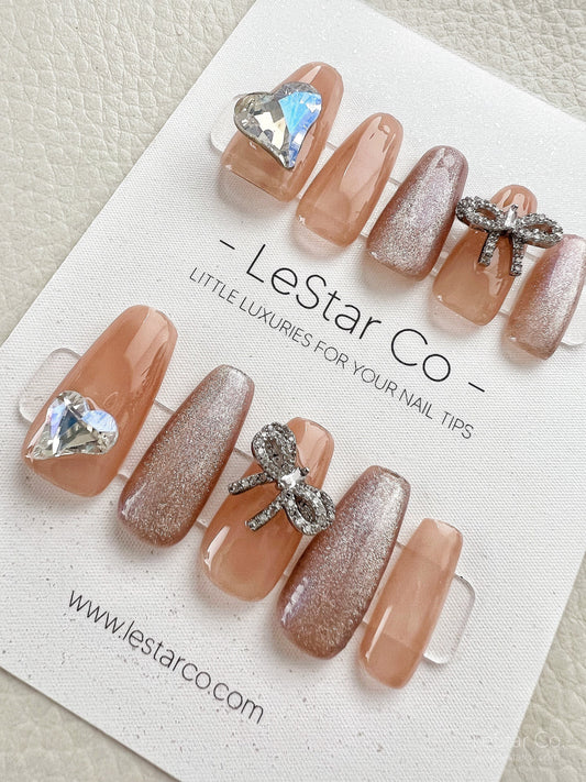 Reusable Crystal Heart Ribbon | Premium Press on Nails Gel Manicure | Fake Nails | Handmade | Lestarco faux nails 131zz