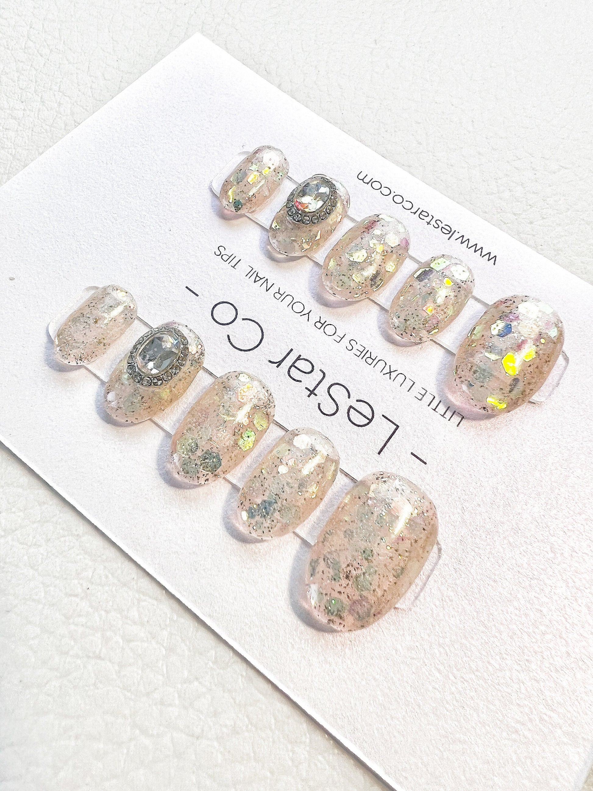Reusable Glitter w/ Oval Gem Premium Press on Nails Gel Manicure | Fake Nails | Handmade | Lestarco faux nails XWZ099