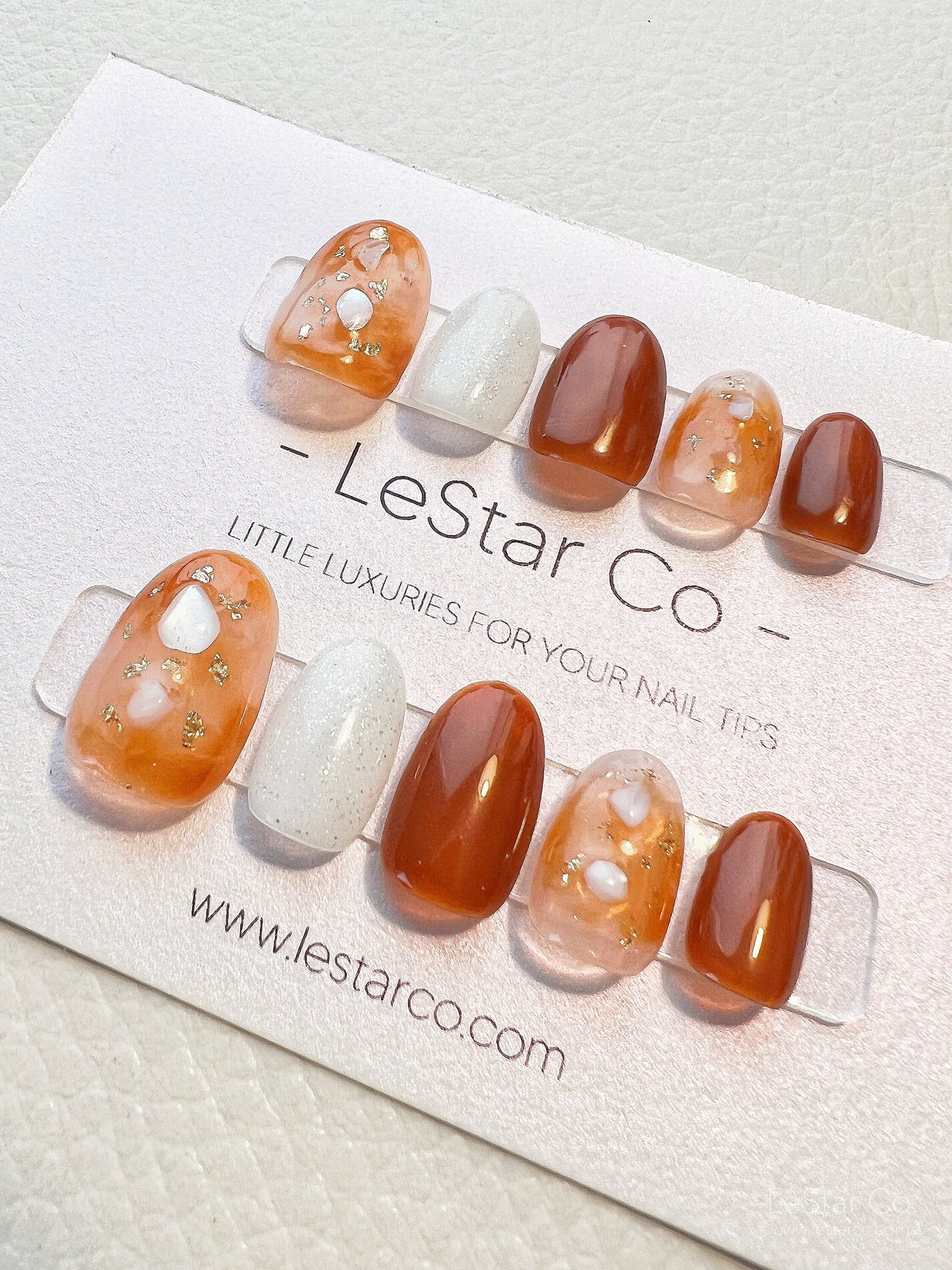 Reusable Shimmery White Orange  Press on Nails Gel Manicure | Fake Nails | Handmade | Lestarco faux nails XWZ106