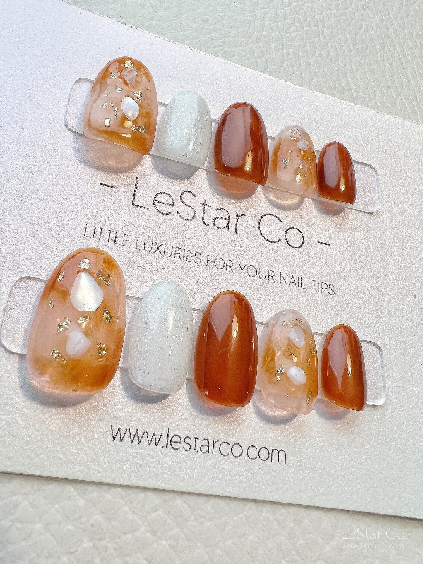 Reusable Shimmery White Orange  Press on Nails Gel Manicure | Fake Nails | Handmade | Lestarco faux nails XWZ106