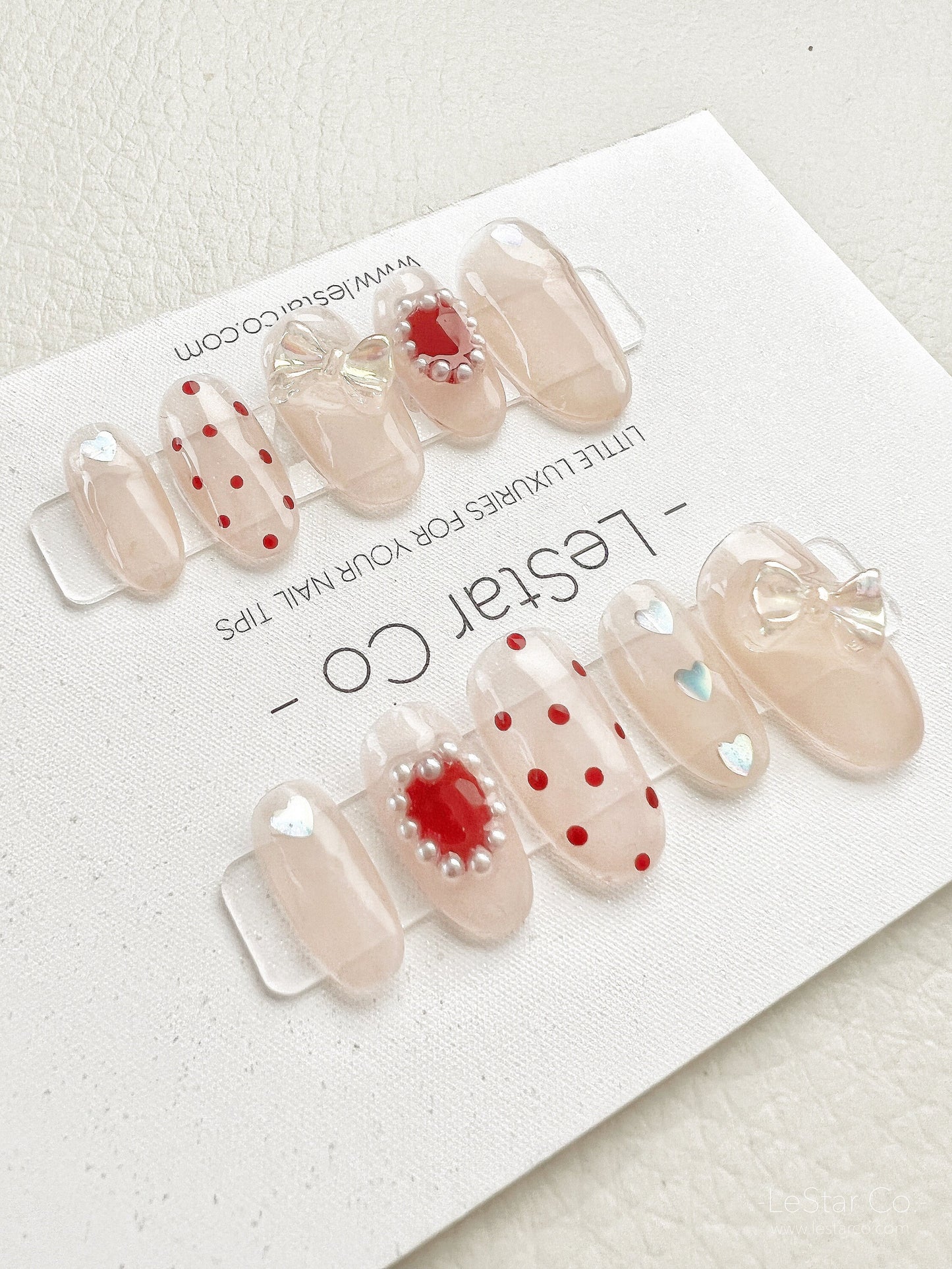 Reusable Polka Dot Heart  Premium Short Press on Nails Gel | Fake Nails | Hand painted faux nails xx150 Lestarco