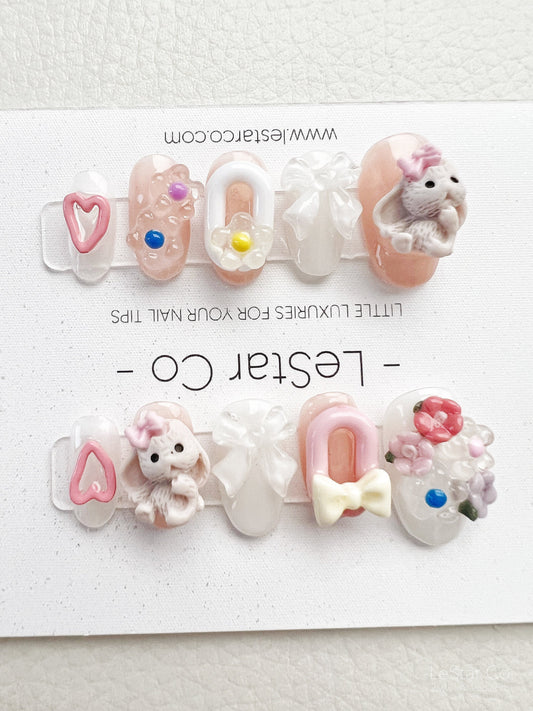 Reusable Easter Bunny Premium Short Press on Nails Gel | Fake Nails | Hand painted faux nails mj152 Lestarco