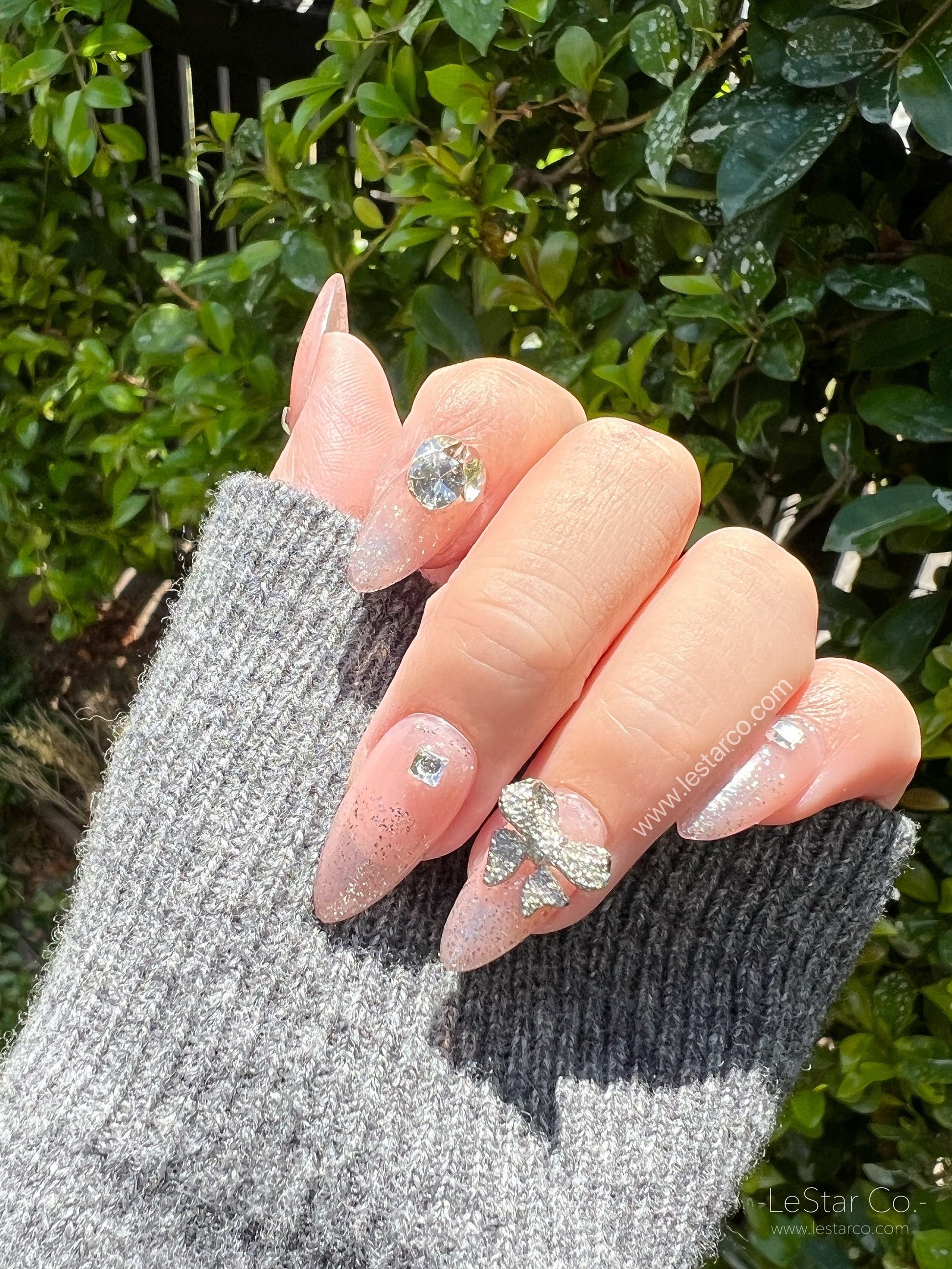 Reusable Rhinestone Nude Premium Short Press on Nails Gel Manicure | Fake Nails | Handmade | Lestarco faux nails XWZ120