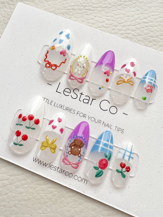 Reusable Bunny and Bear Nails Premium Short Press on Nails Gel Manicure | Fake Nails | Handmade | Lestarco faux nails MXJ161